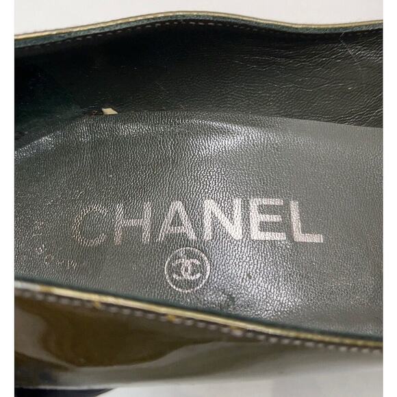 Authentic CHANEL Green Black Patent Leather Stiletto Shoes CC Logo Size EU 39.5 - Picture 6 of 10